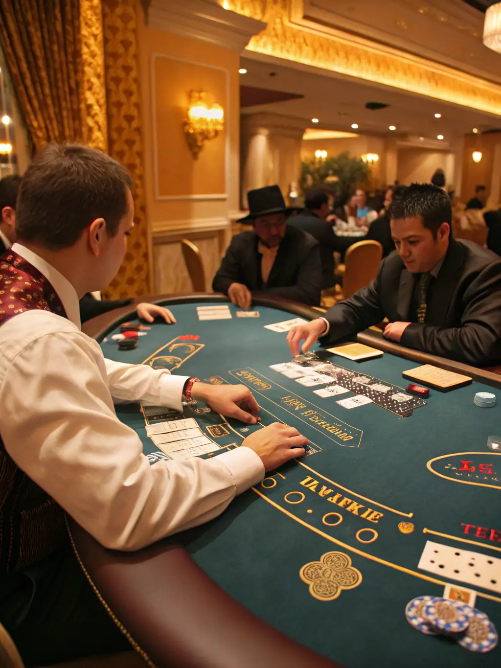 A realistic image of a blackjack table with cards being dealt, chips stacked, and players engaged in the game, highlighting the strategic gameplay on 8857 Bet.